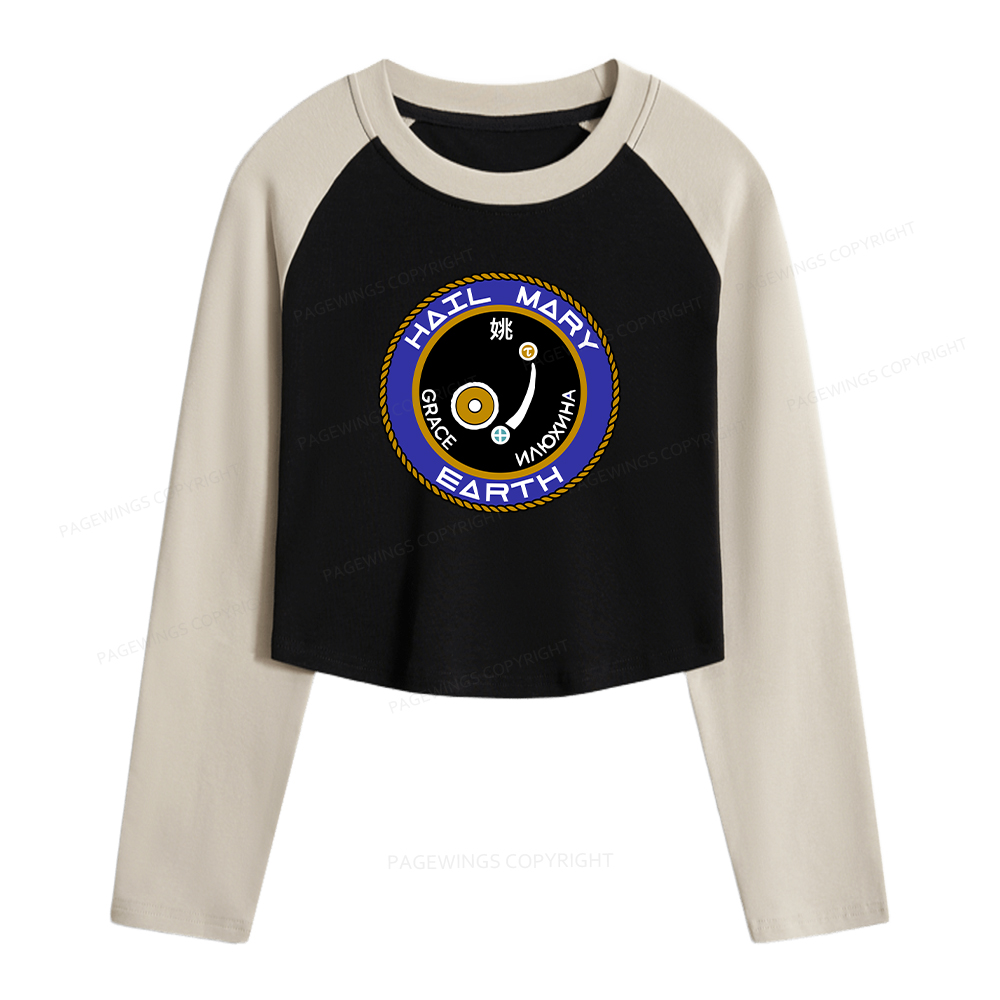 Pagewings Mission Patch Women Long Sleeve Crop Raglan T-shirt