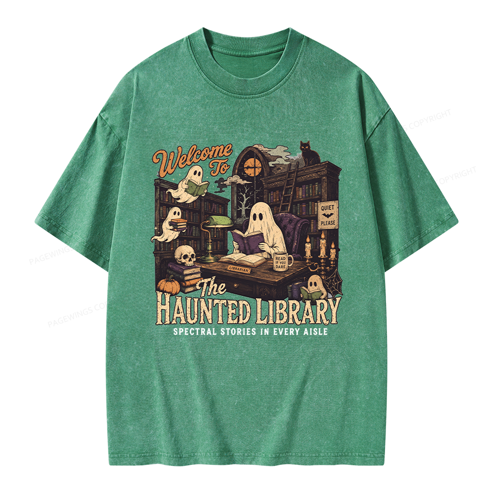 Pagewings Haunted Library Unisex Washed T-shirt