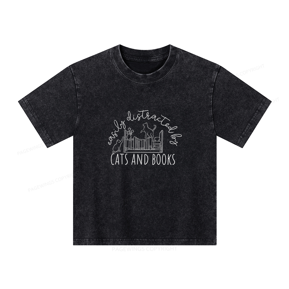 Pagewings Cute Cats And Books Unisex Kids Washed T-shirt