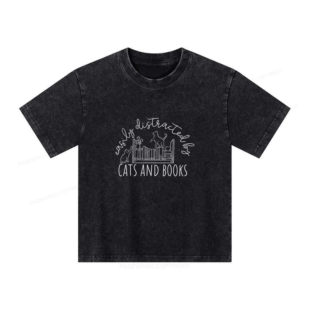Pagewings Cute Cats And Books Unisex Kids Washed T-shirt