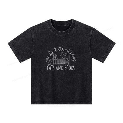 Pagewings Cute Cats And Books Unisex Kids Washed T-shirt
