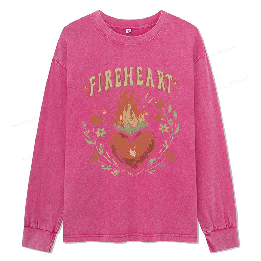 Pagewings Vintage Fire-heart Unisex Washed Long Sleeve T-shirt