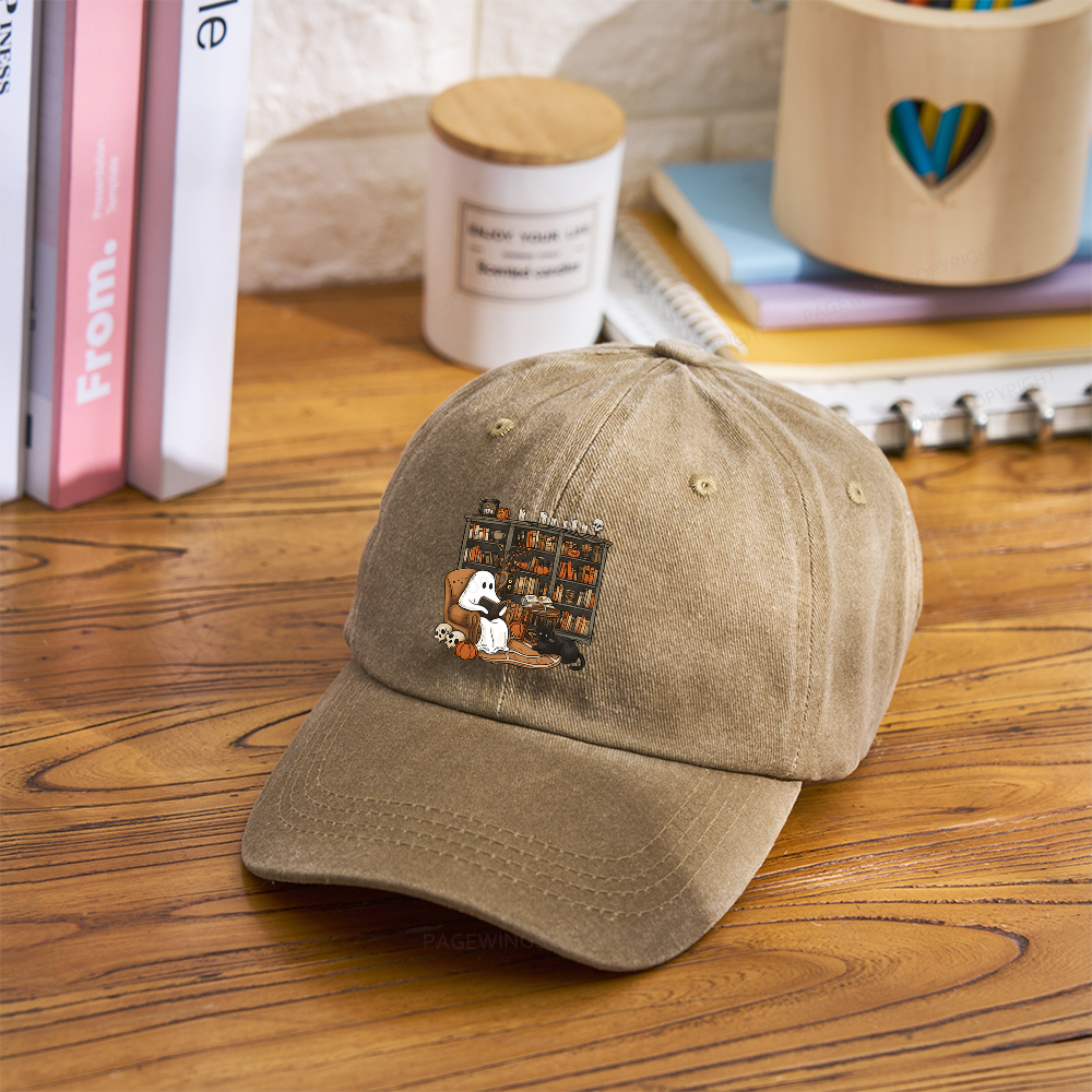 Pagewings Halloween Ghost Reading Books Washed Cap