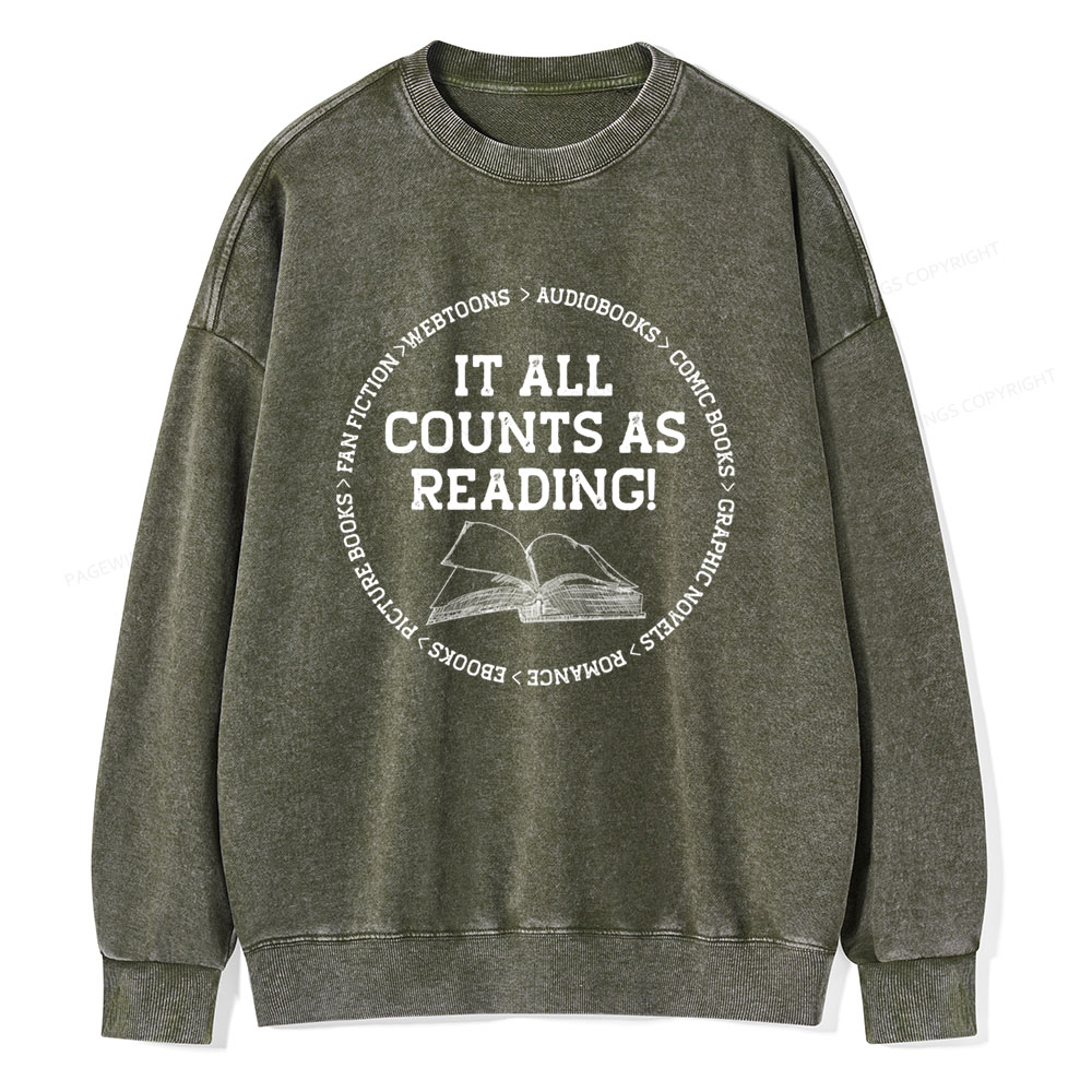 Pagewings It All Counts As Reading Unisex Washed Sweatshirt