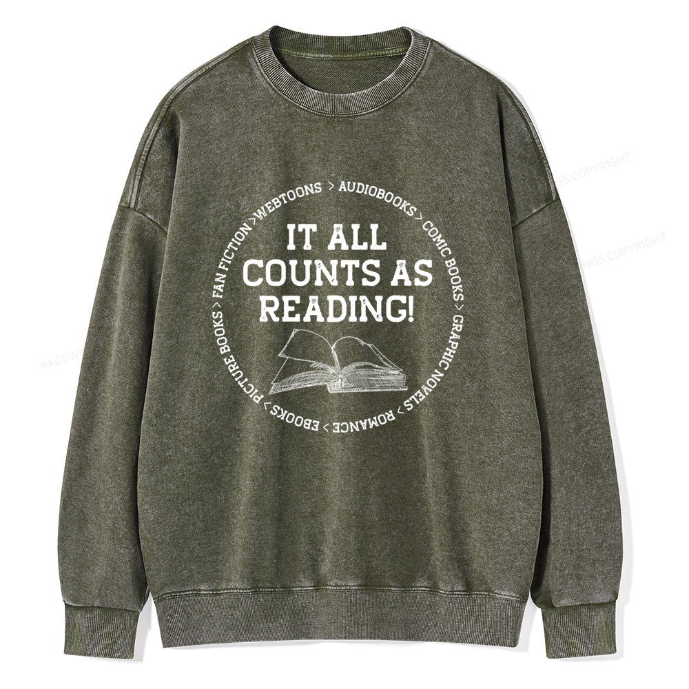 Pagewings It All Counts As Reading Unisex Washed Sweatshirt