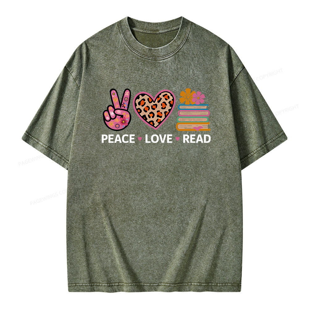 Pagewings Peace Love Read World Book Day Unisex Washed T-shirt