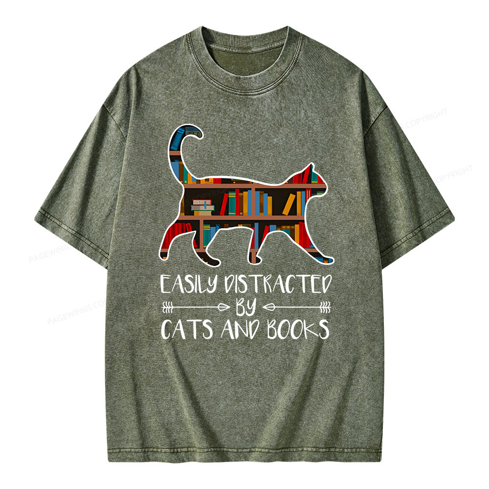 Pagewings Funny Cat Book Lover Easily Distracted By Cats And T-Shirt  Unisex Washed T-shirt
