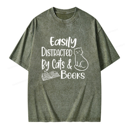 Pagewings Easily Distracted By Cats And Books Unisex Washed T-shirt