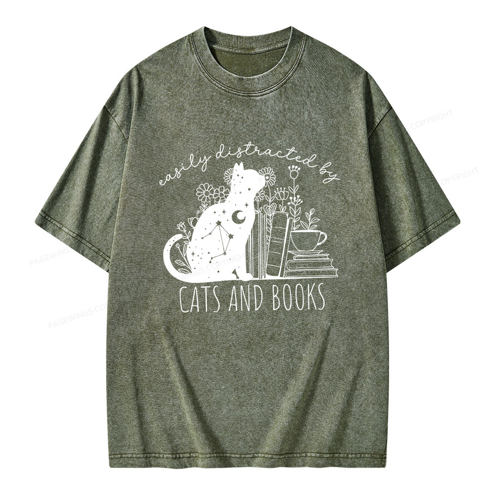 Pagewings Easily Distracted By Cats And Books Unisex Washed T-shirt
