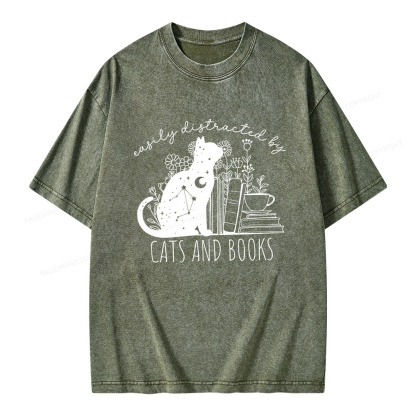 Pagewings Easily Distracted By Cats And Books Unisex Washed T-shirt