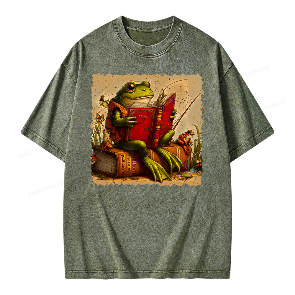 Pagewings Toad Fishing Book Reading Book Unisex Washed T-shirt