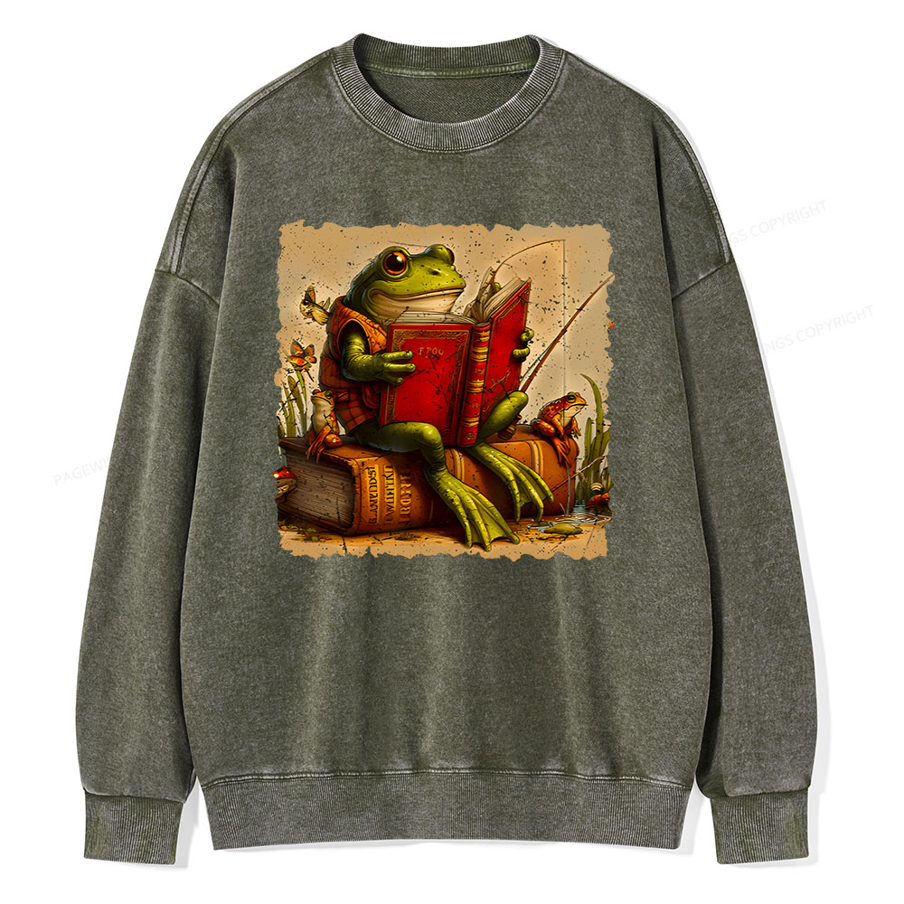 Pagewings Toad Fishing Book Reading Book Unisex Washed Sweatshirt