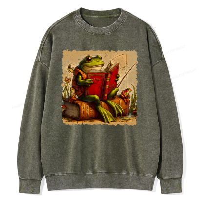 Pagewings Toad Fishing Book Reading Book Unisex Washed Sweatshirt