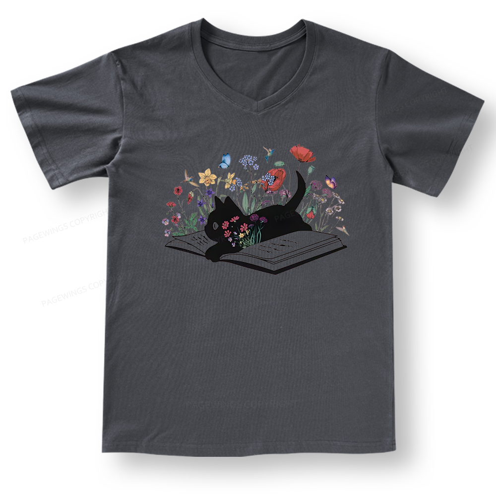 Pagewings Cute Book Cat V-neck T-shirt 