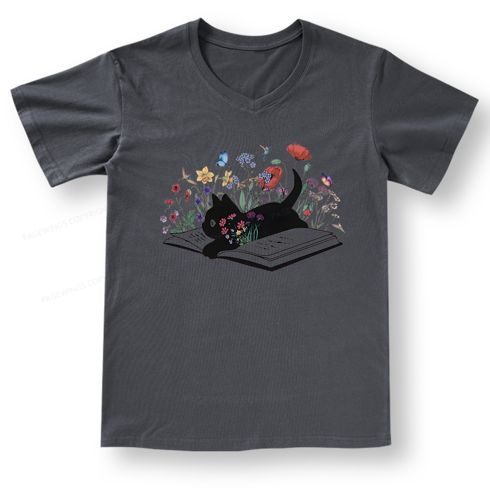 Pagewings Cute Book Cat V-neck T-shirt