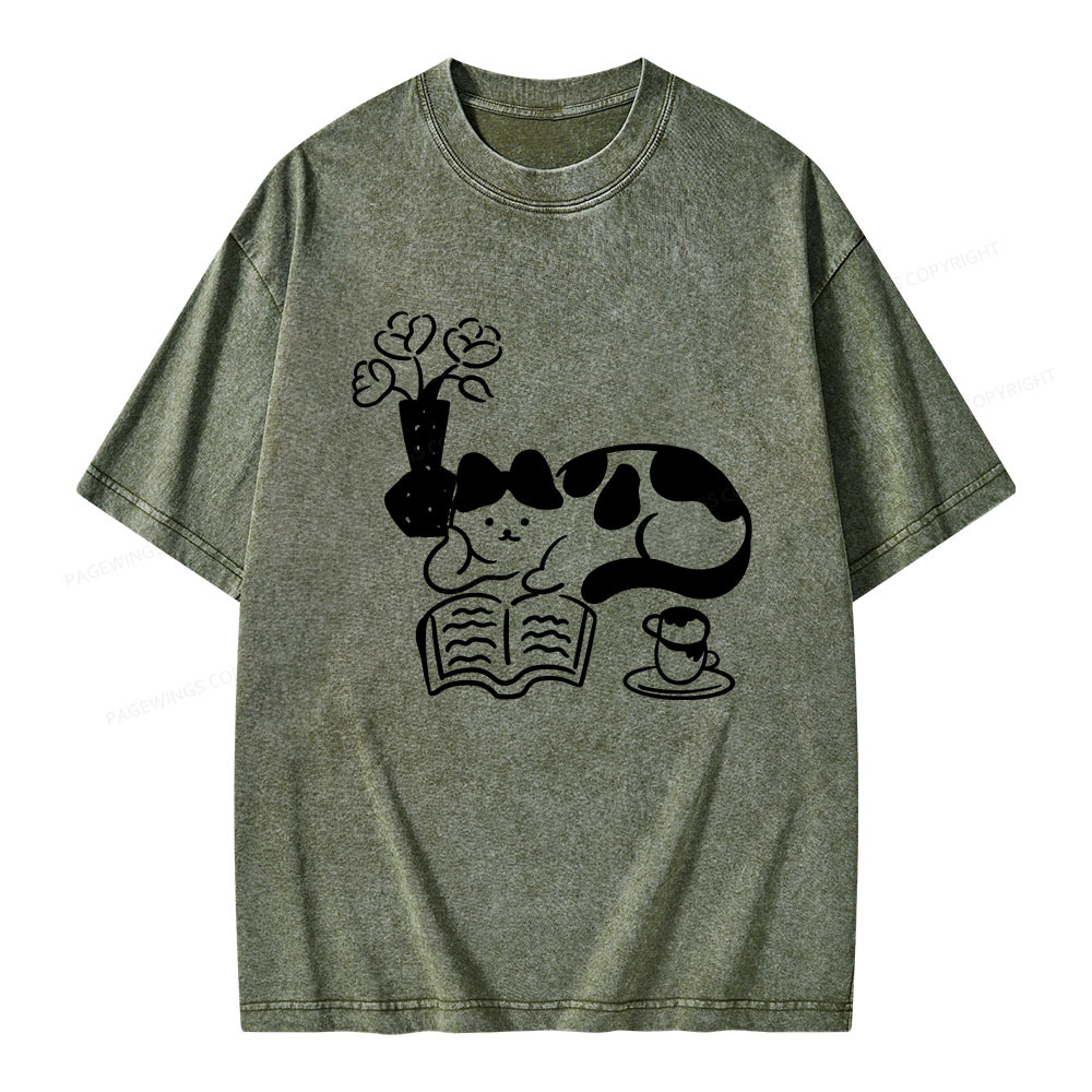 Pagewings The Cat Who Loves Reading Unisex Washed T-shirt