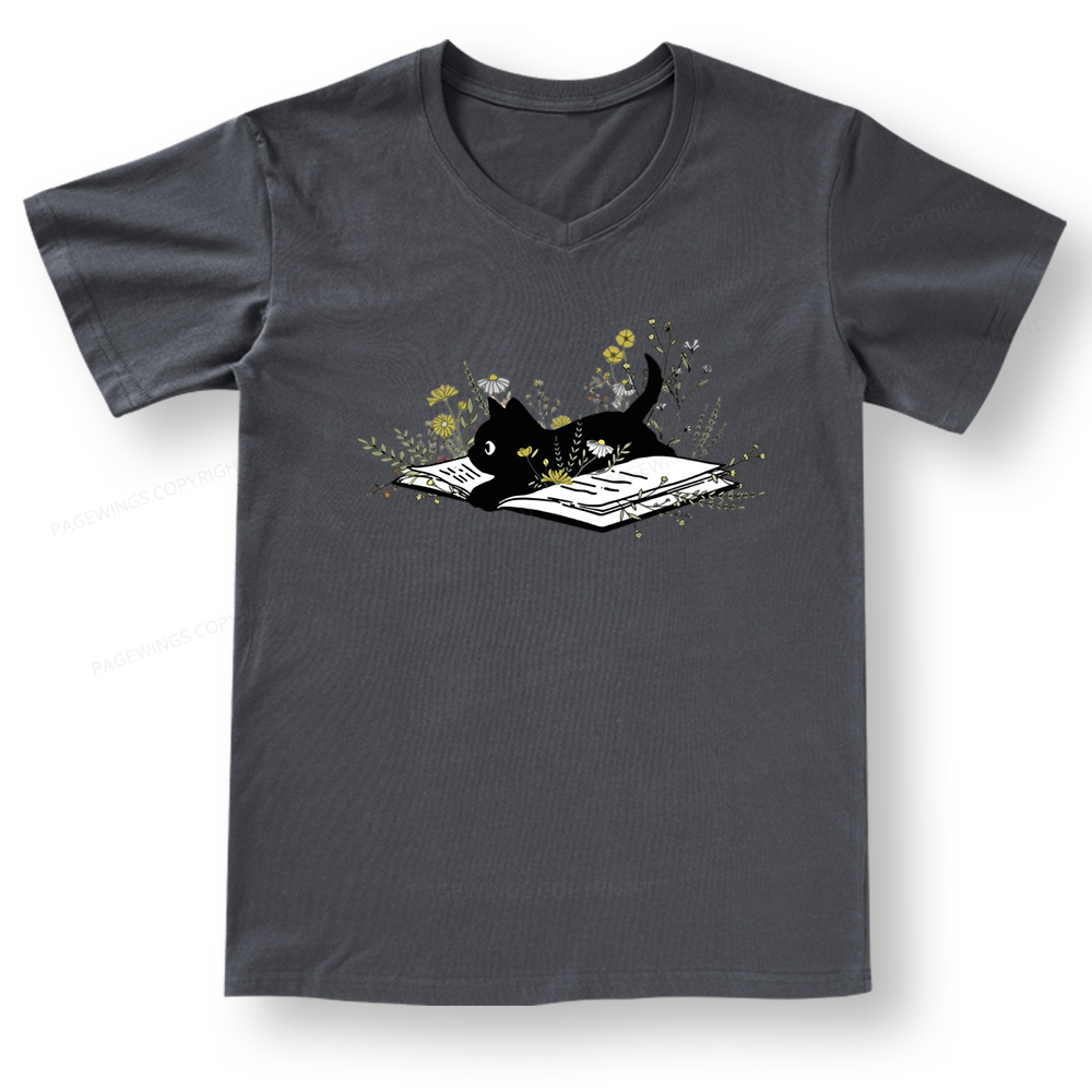 Pagewings Cute Book Cat V-neck T-shirt 
