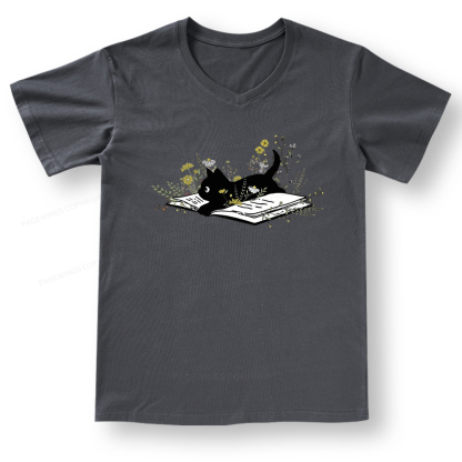 Pagewings Cute Book Cat V-neck T-shirt 