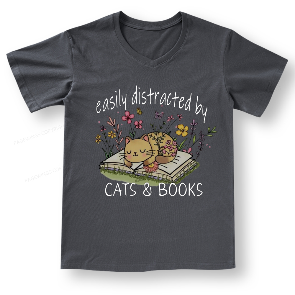 Pagewings Easily Distracted By Cats And Books V-neck T-shirt
