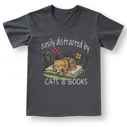 Pagewings Easily Distracted By Cats And Books V-neck T-shirt
