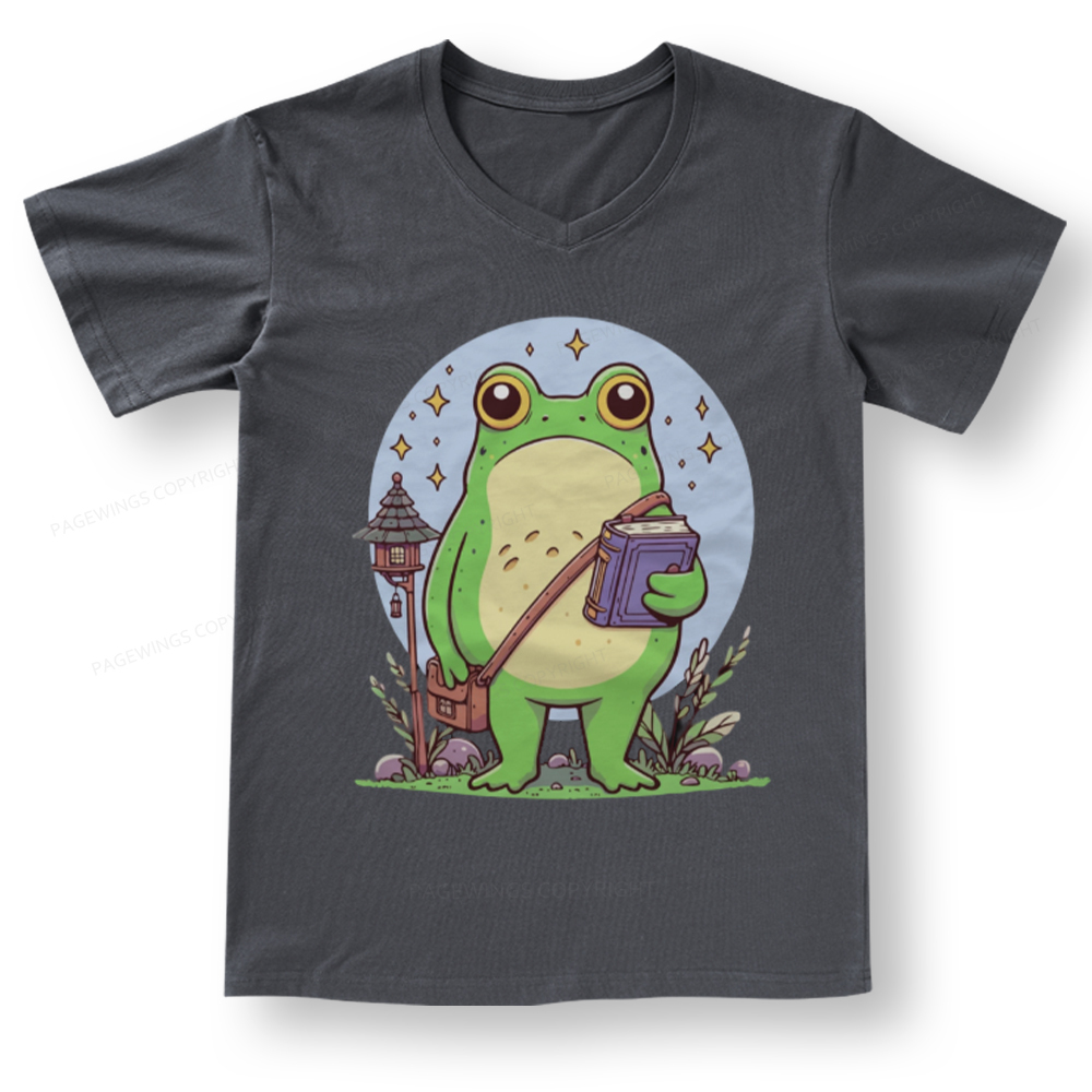Pagewings Frog Reading Book V-neck T-shirt
