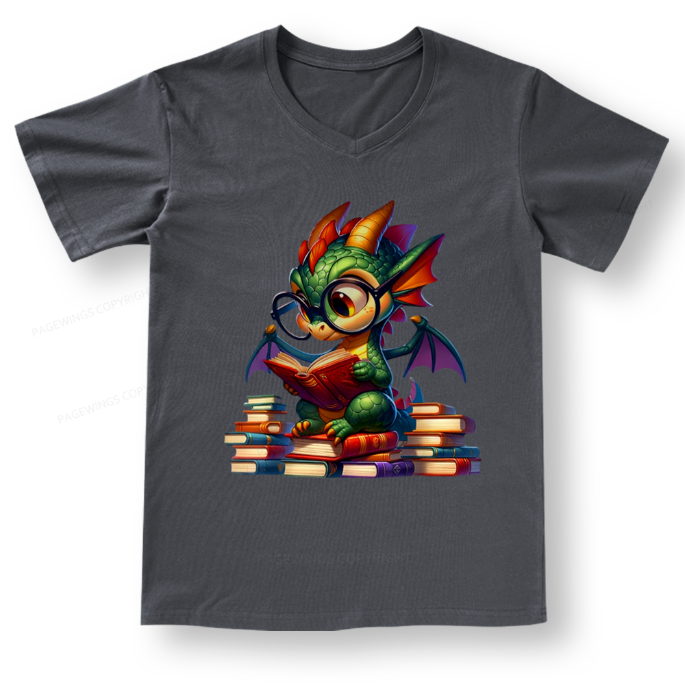 Pagewings Dragon And Books V-neck T-shirt