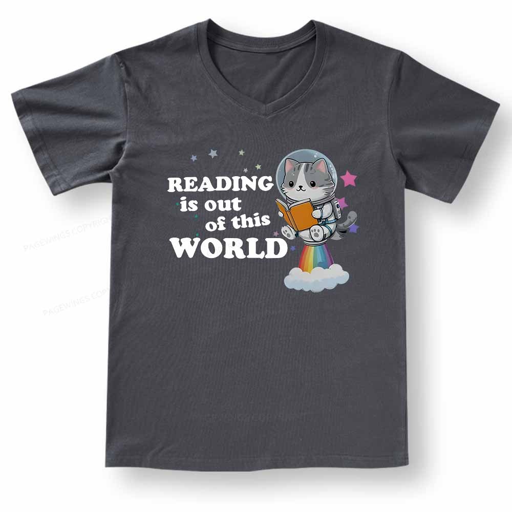Pagewings Cat Reading in Space V-neck T-shirt
