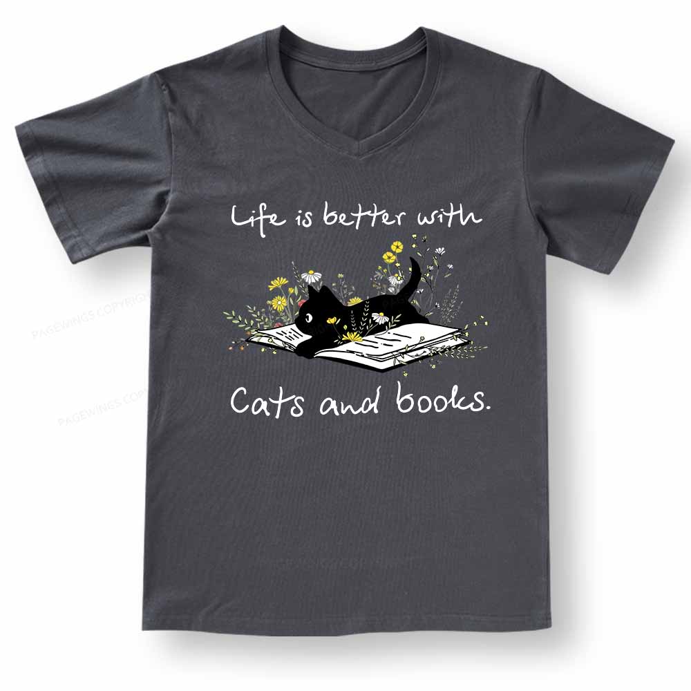 Pagewings Life Is Better With Cats And Books V-neck T-shirt