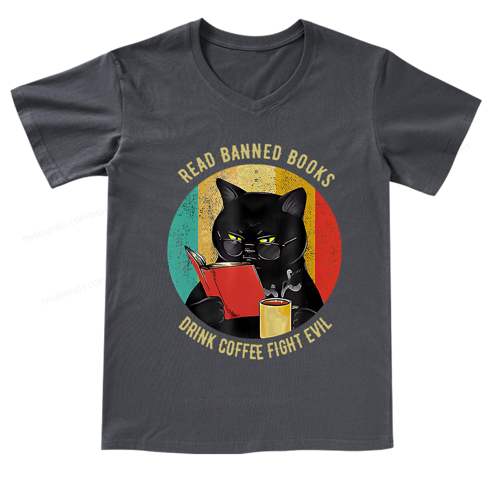 Pagewings Read Banned Books Drink Coffee Fight Evil Retro Cat Lovers V-neck T-shirt 