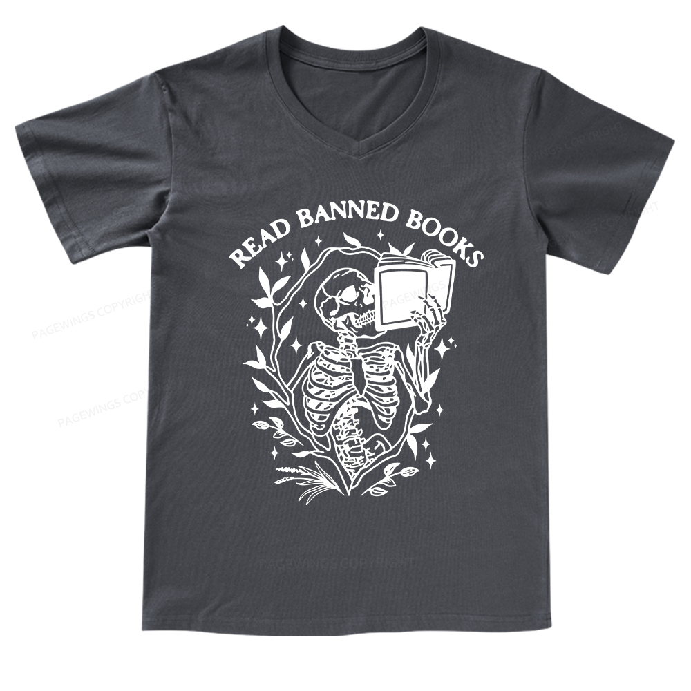 Pagewings Read Banned Books Skeleton Halloween Goth Protest T-Shirt V-neck T-shirt