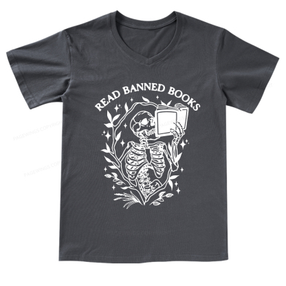 Pagewings Read Banned Books Skeleton Halloween Goth Protest T-Shirt V-neck T-shirt