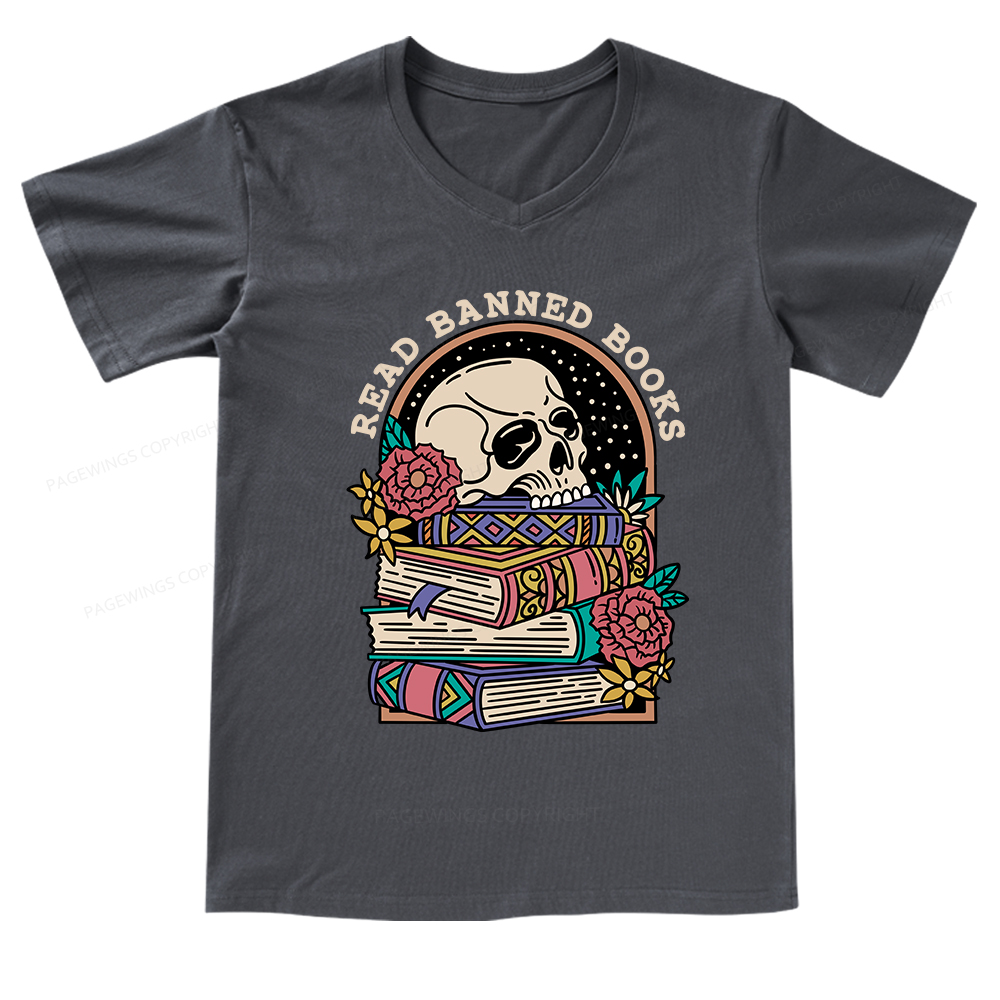 Pagewings Read Banned Book Floral V-neck T-shirt 