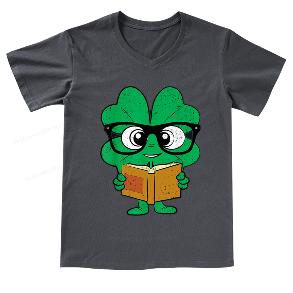 Pagewings Shamrock Reading Books St Patricks Day V-neck T-shirt