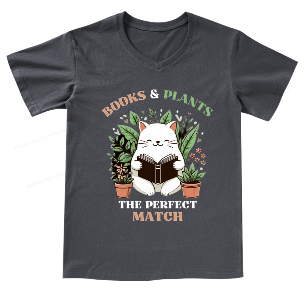 Pagewings Books And Plants The Perfect Match T-Shirt V-neck T-shirt