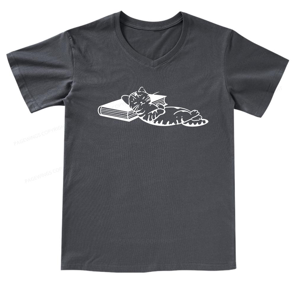 Pagewings A Cat Sleeping On The Book V-neck T-shirt