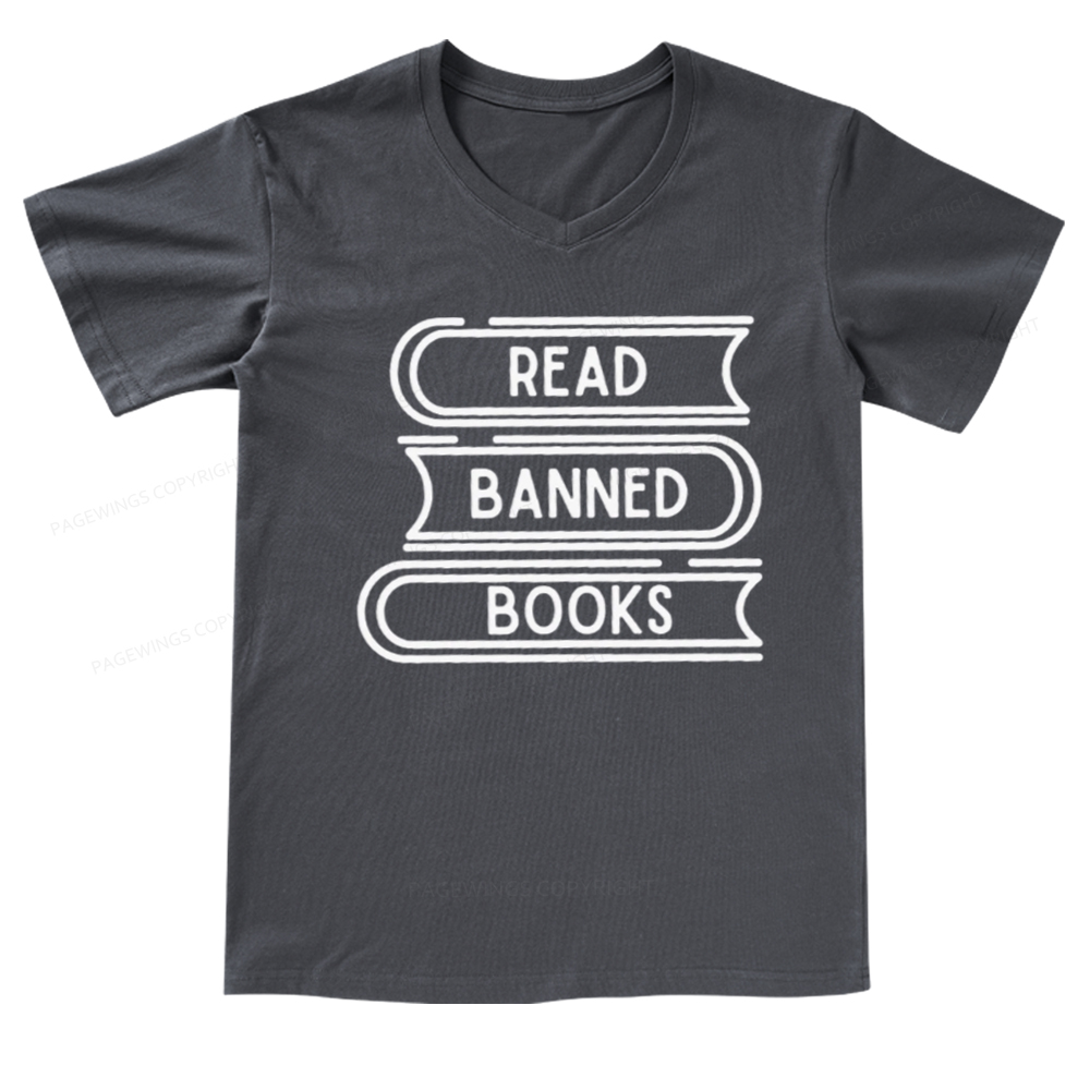 Pagewings Read Banned Books Stack V-neck T-shirt