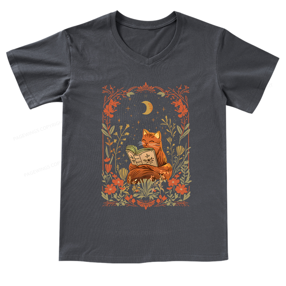 Pagewings Cat Wildflower Book Reading V-neck T-shirt