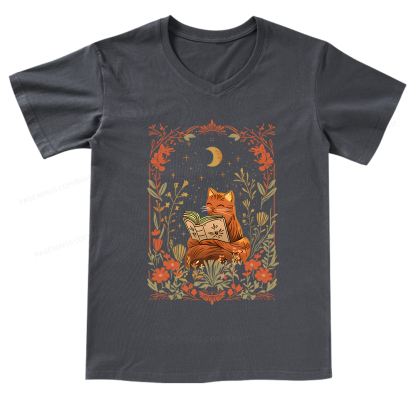 Pagewings Cat Wildflower Book Reading V-neck T-shirt