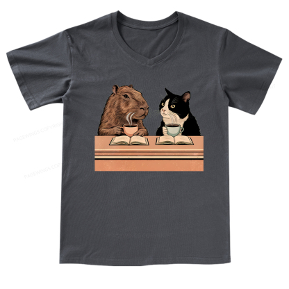 Pagewings Capybara and Tuxedo Cat Chilling with Coffee V-neck T-shirt
