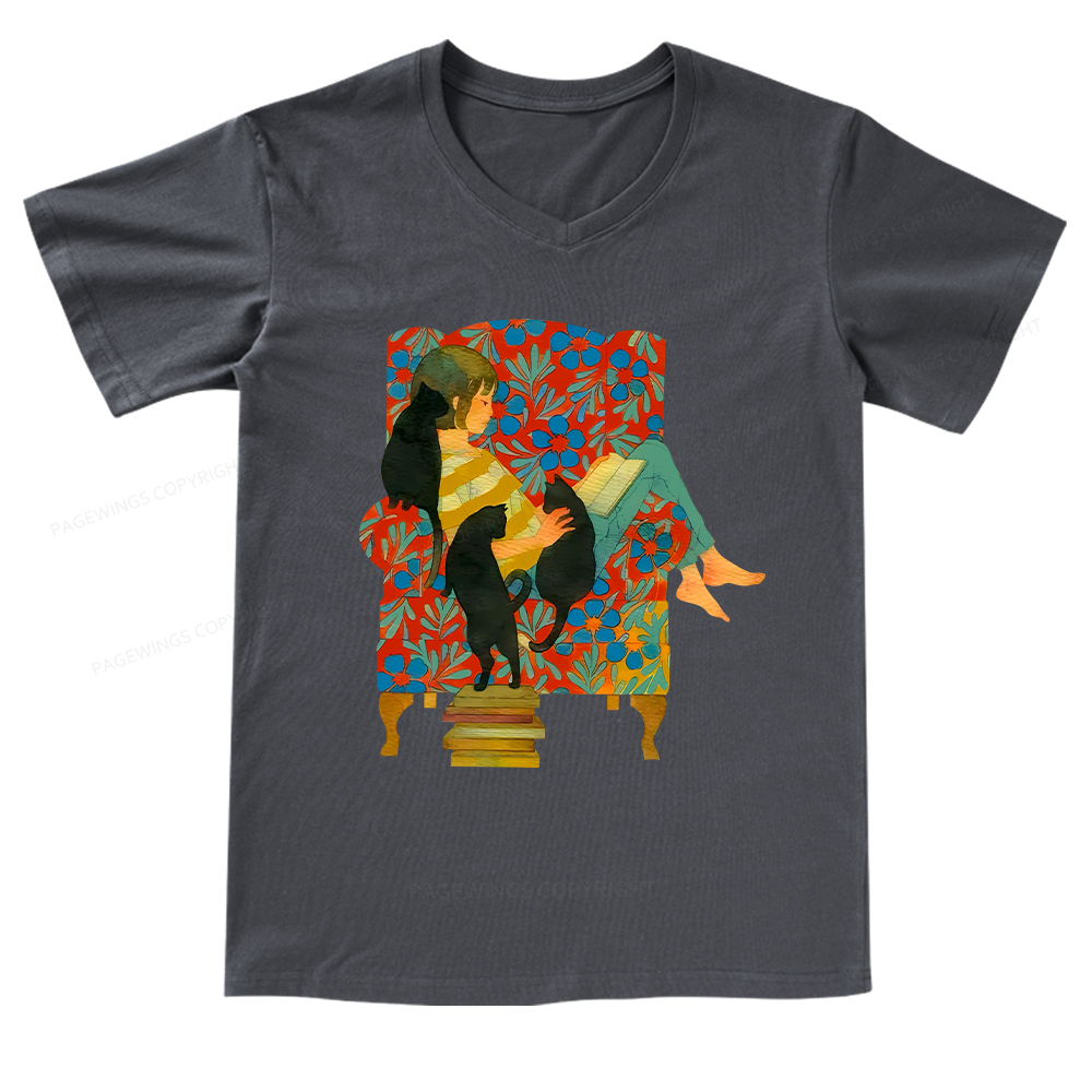 Pagewings A girl reading a book on the sofa V-neck T-shirt