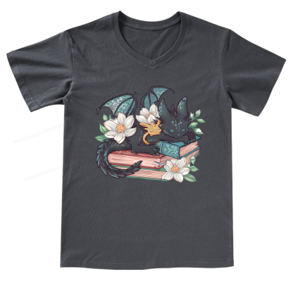 Pagewings Fantasy Book Dragon V-neck T-shirt