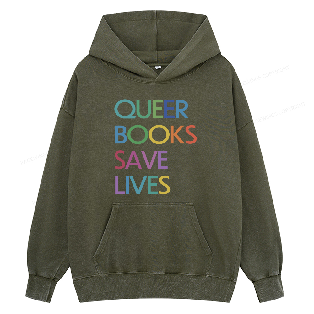 Pagewing Queer Books Save Lives Unisex Washed Hoodie