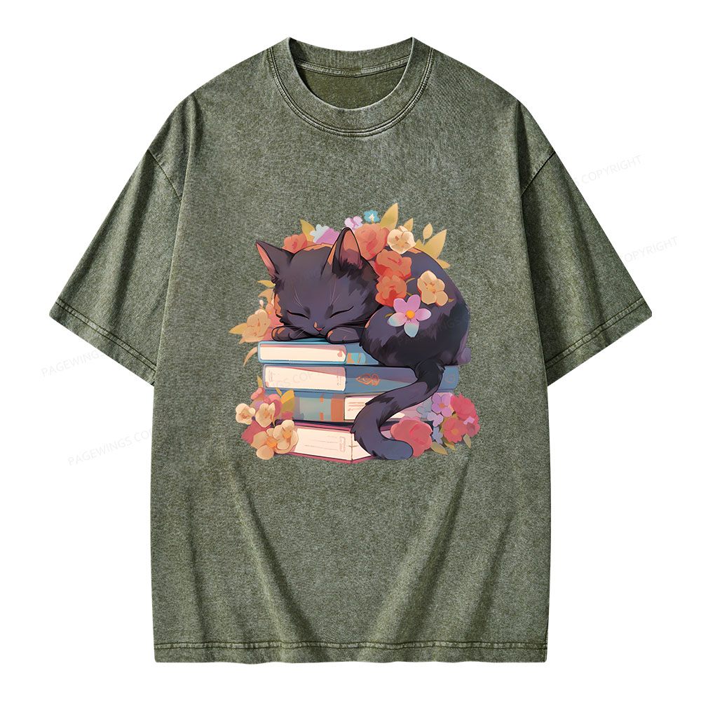 Pagewings Black Cat Sleeping on Books Unisex Washed T-shirt