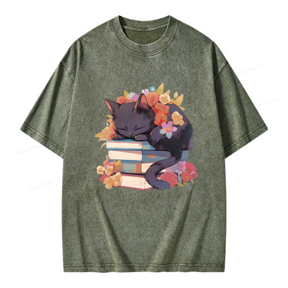Pagewings Black Cat Sleeping on Books Unisex Washed T-shirt