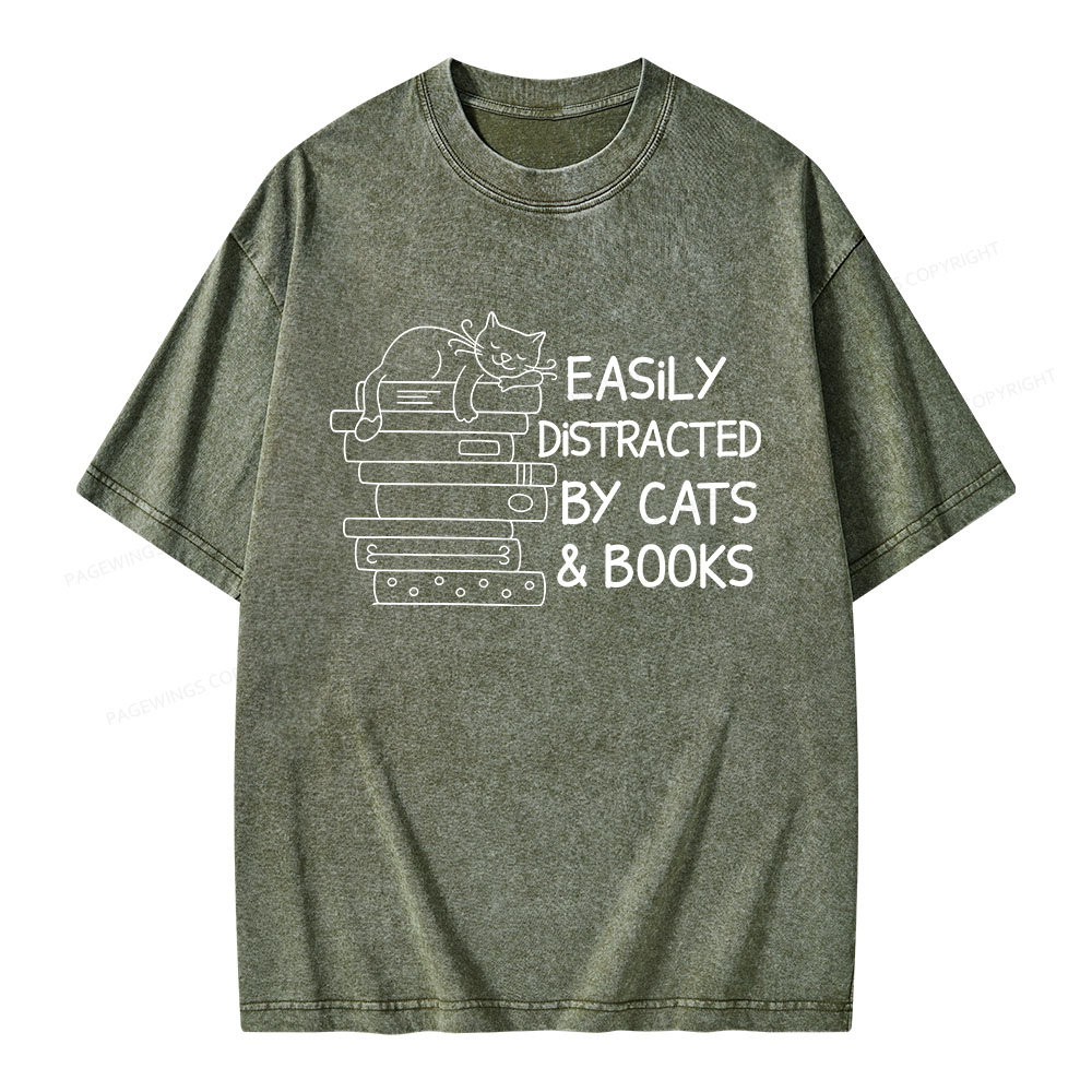 Pagewings Easily Distracted By Cats And Books Unisex Washed T-shirt