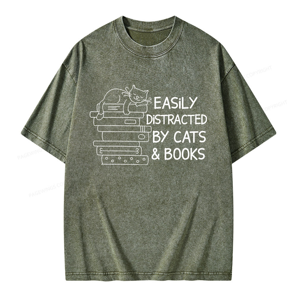 Pagewings Easily Distracted By Cats And Books Unisex Washed T-shirt