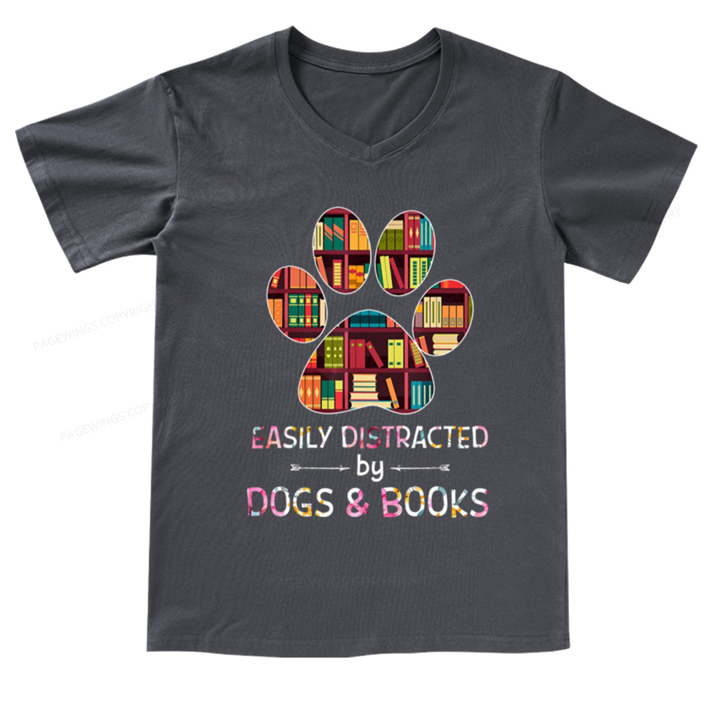 Pagewings Easily Distracted By Dogs And Books V-neck T-shirt