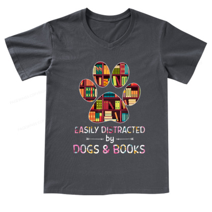 Pagewings Easily Distracted By Dogs And Books V-neck T-shirt