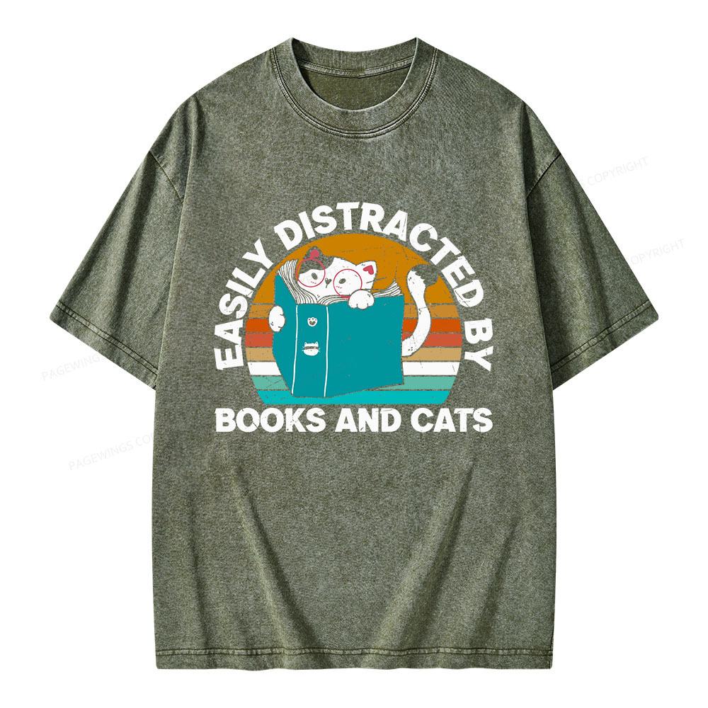 Pagewings Easily Distracted By Books And Cats Unisex Washed T-shirt