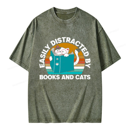 Pagewings Easily Distracted By Books And Cats Unisex Washed T-shirt